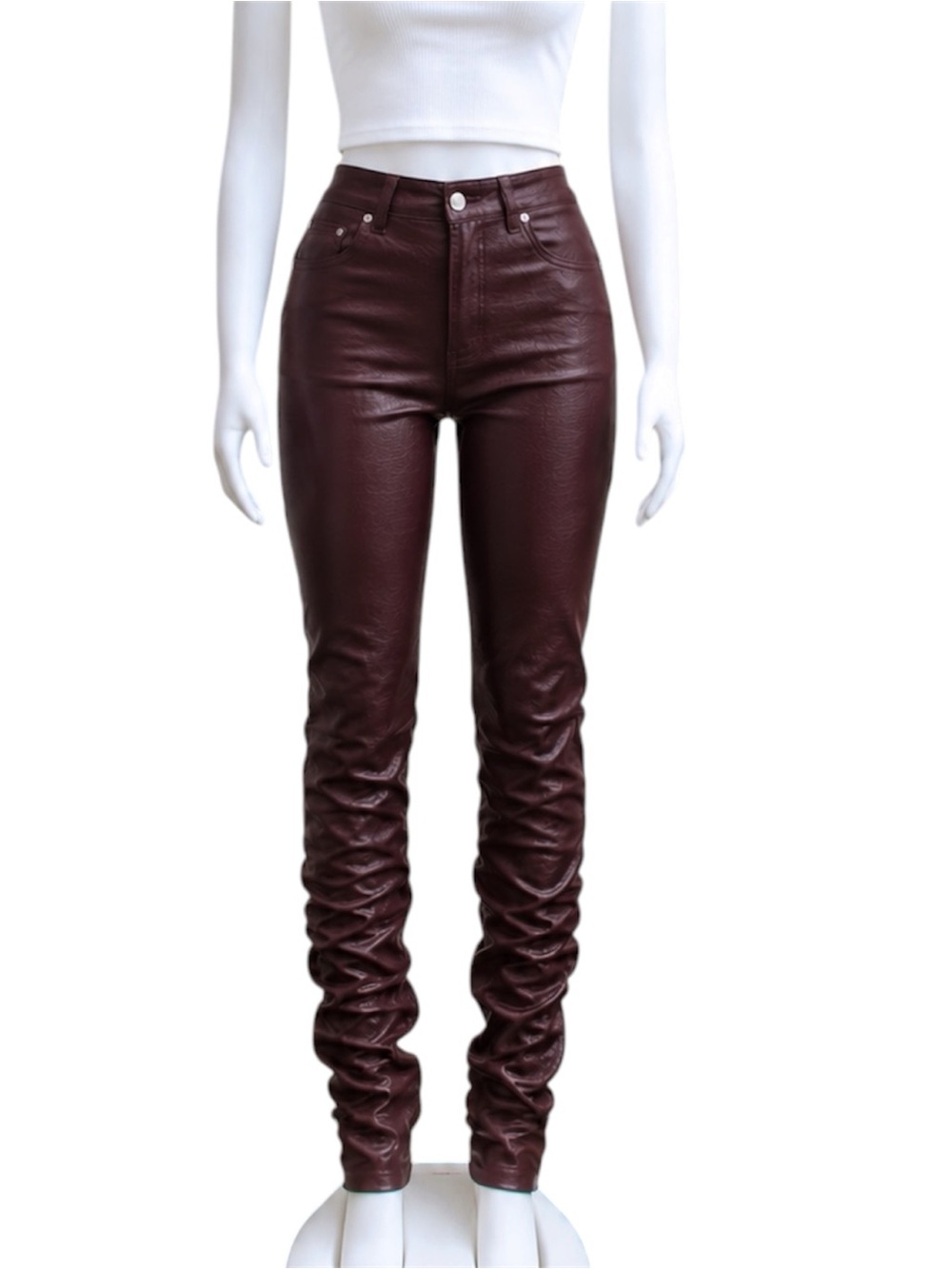 Akira Y2K streetwear burgundy high-waisted faux leather stacked pants medium